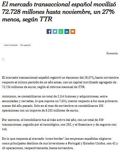 El mercado transaccional espaol moviliz 72.728 millones hasta noviembre, un 27% menos, segn TTR